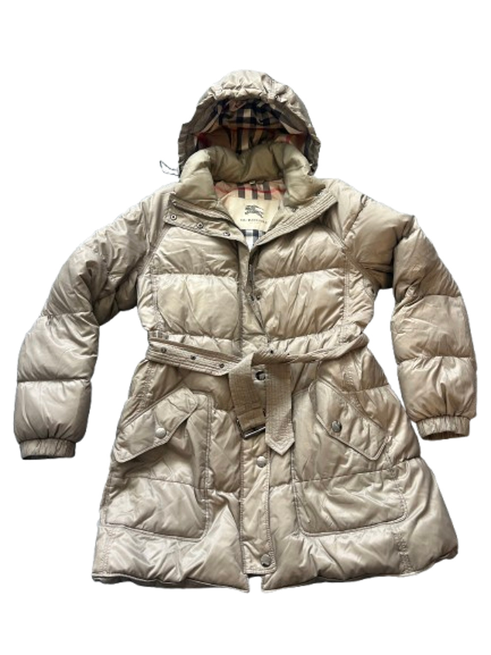 Burberry Brit Belted Down Puffer Coat Beige Nova Check Hooded Jacket Size M